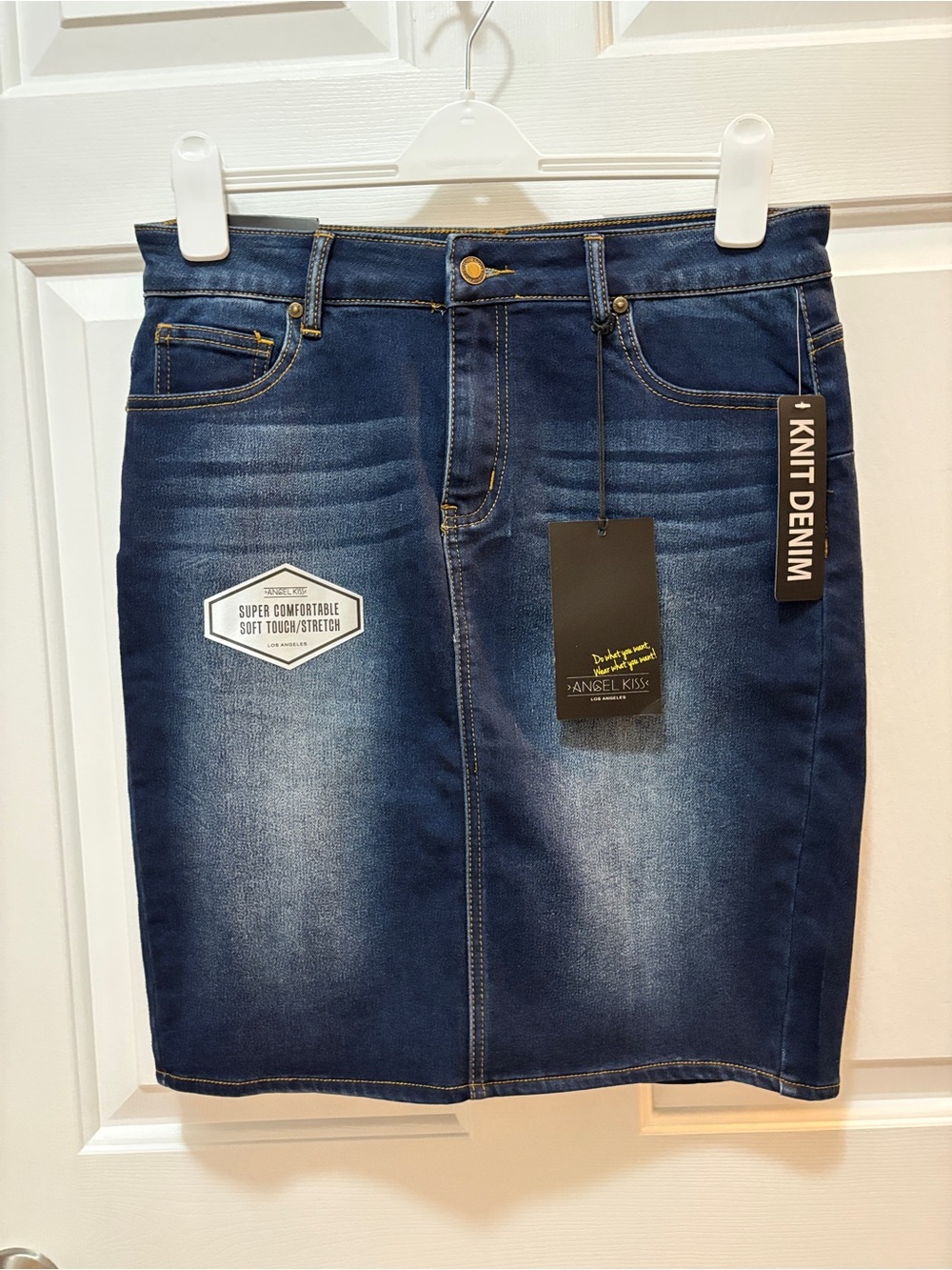 Angel Kiss Dark Blue Knit Denim Stretch Pencil Skirt large New